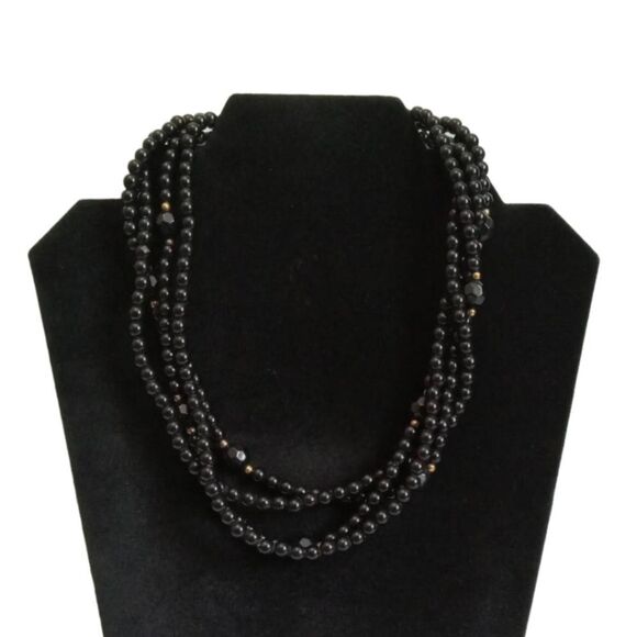 Black and Gold Toned Quadruple Multi Strand Plastic Beaded Statement Necklace - Picture 1 of 10